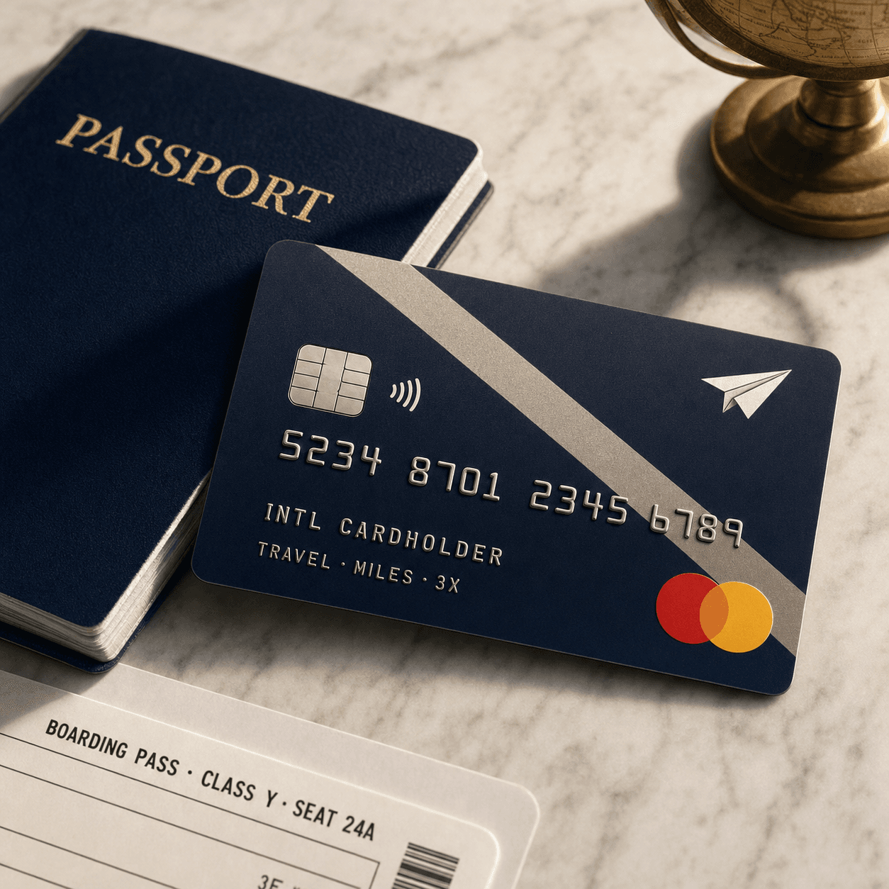 Travel rewards Mastercard with passport and boarding pass